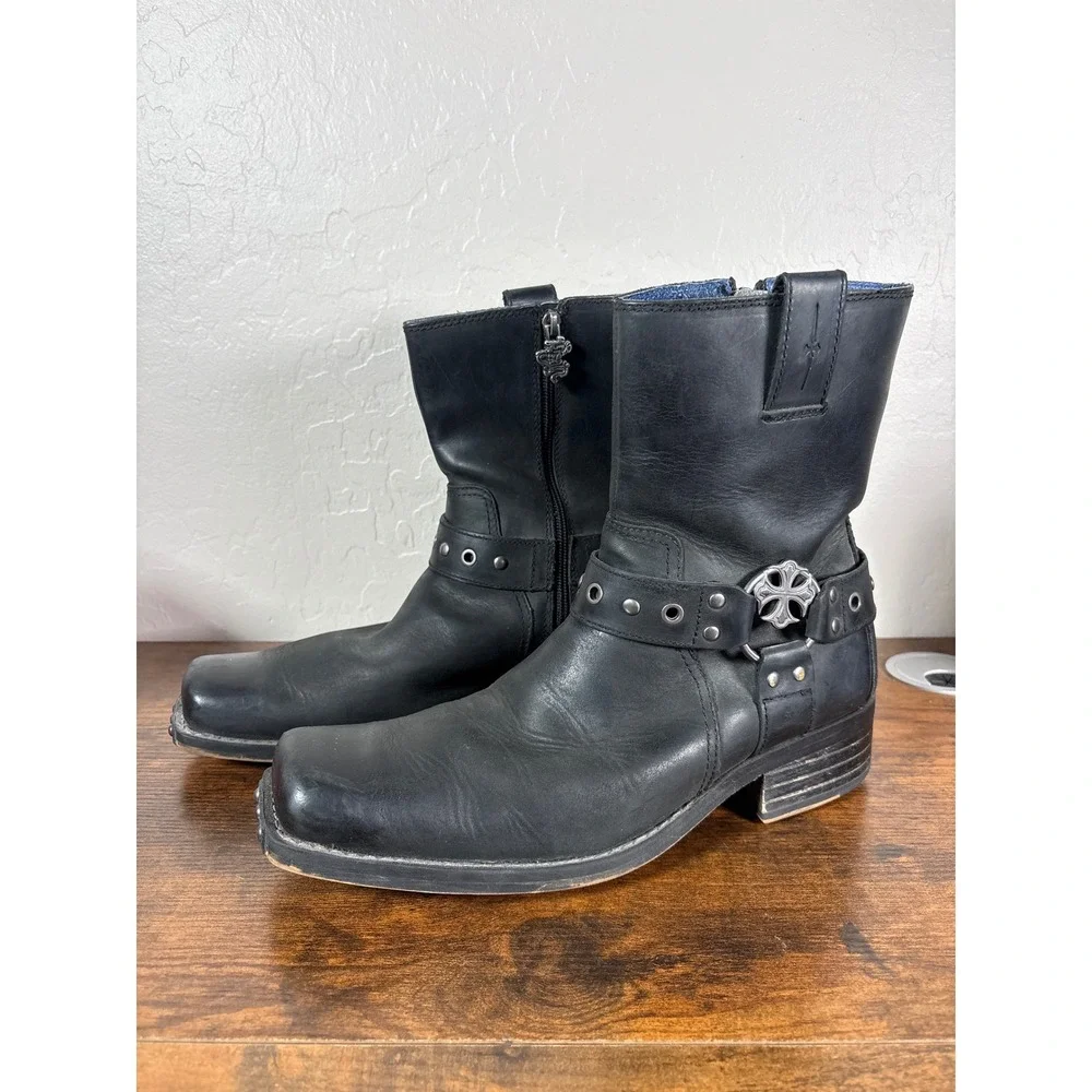 Mark Mason Mens 68153 Black Leather Square Toe‎ Harness Biker Boots Size 9.5